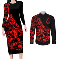 Polynesia Couples Matching Long Sleeve Bodycon Dress and Long Sleeve Button Shirts Fish Hook Tattoo Go Fishing Polynesian Pattern Red LT14 Red - Polynesian Pride