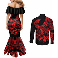 polynesia-couples-matching-mermaid-dress-and-long-sleeve-button-shirts-fish-hook-tattoo-go-fishing-polynesian-pattern-red