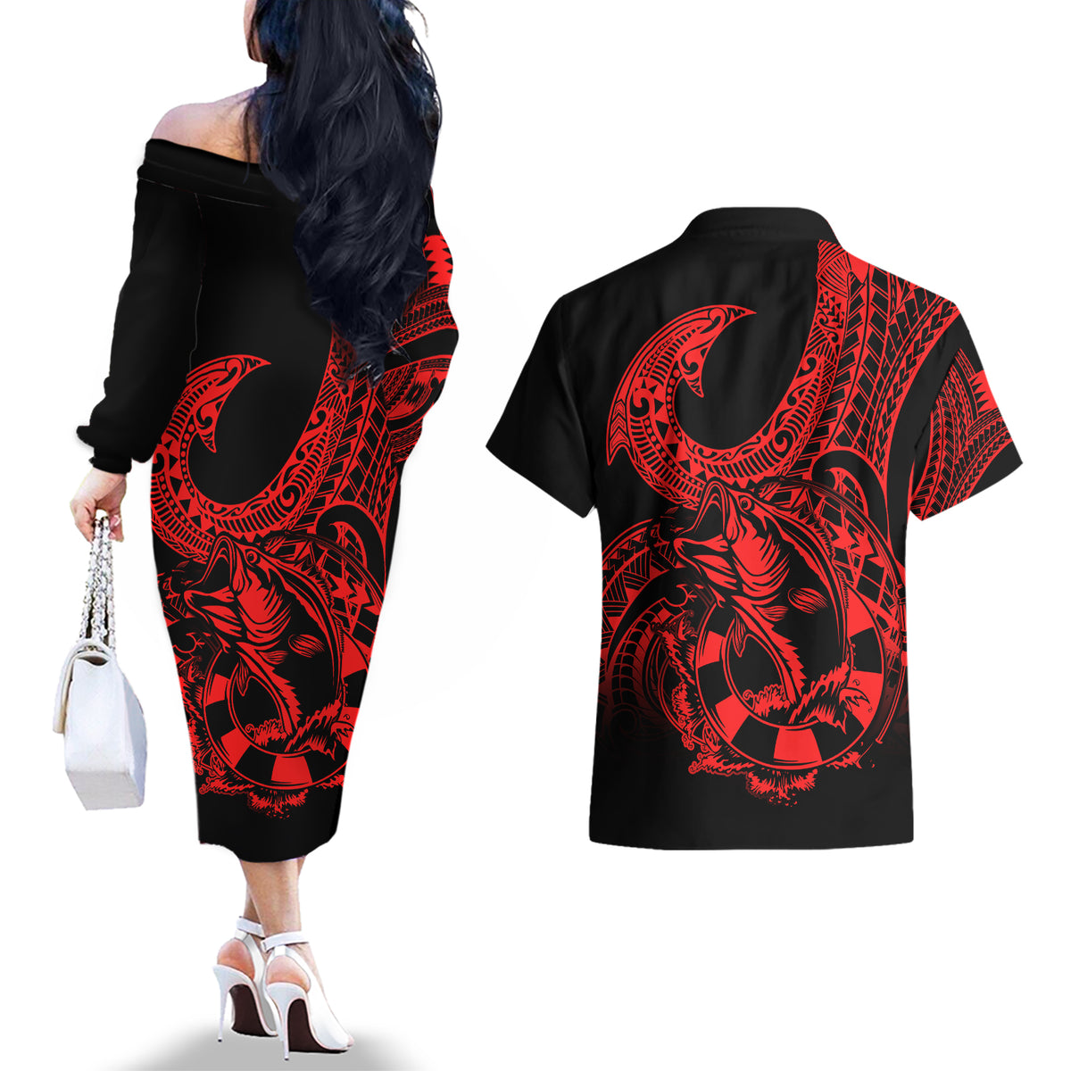 polynesia-couples-matching-off-the-shoulder-long-sleeve-dress-and-hawaiian-shirt-fish-hook-tattoo-go-fishing-polynesian-pattern-red