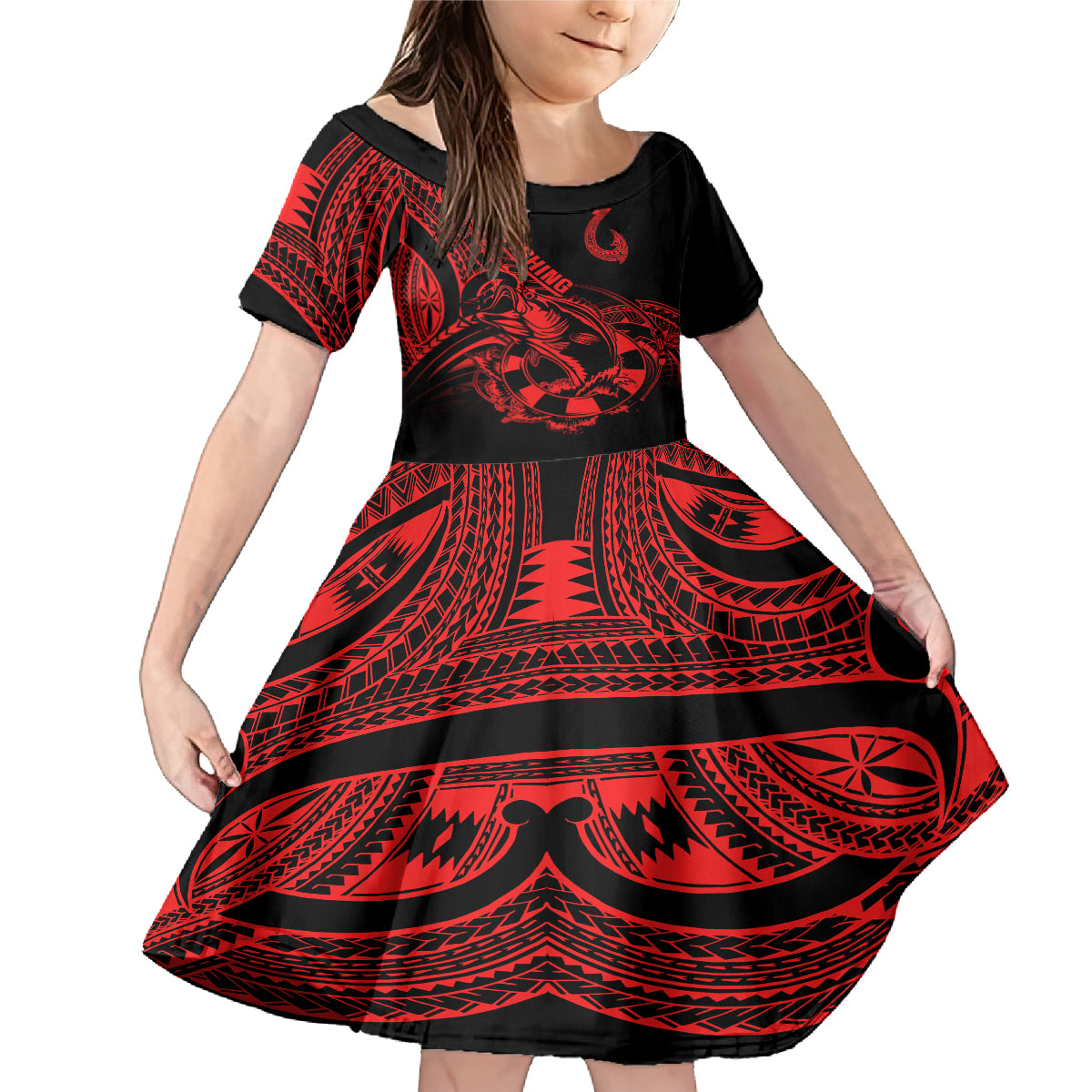 polynesia-family-matching-mermaid-dress-and-hawaiian-shirt-fish-hook-tattoo-go-fishing-polynesian-pattern-red