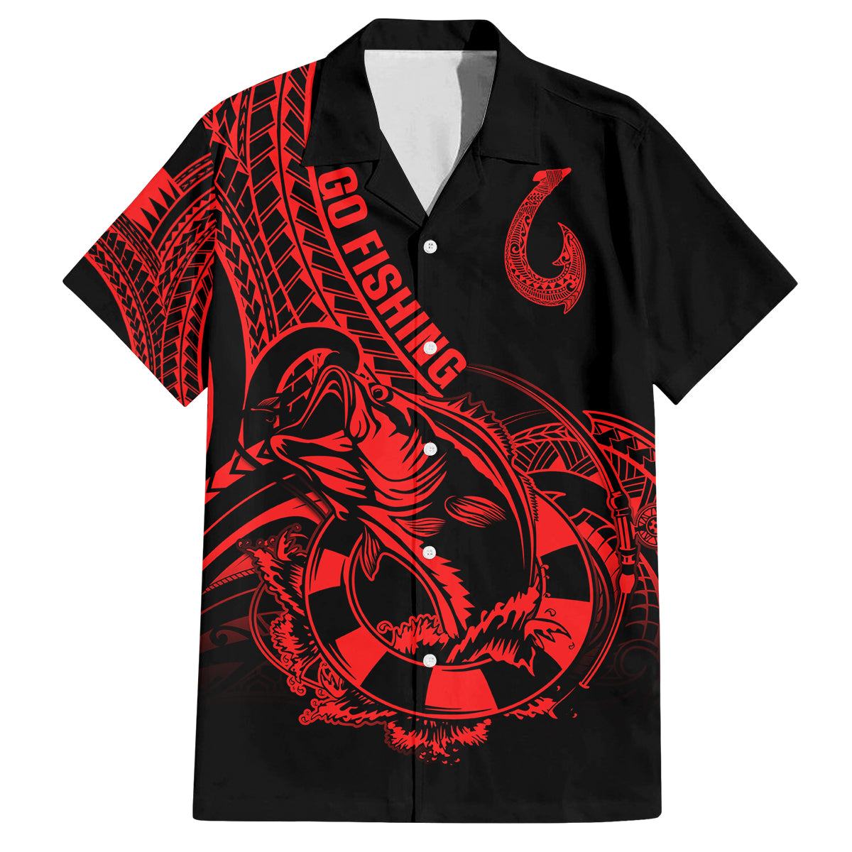 polynesia-family-matching-off-shoulder-long-sleeve-dress-and-hawaiian-shirt-fish-hook-tattoo-go-fishing-polynesian-pattern-red