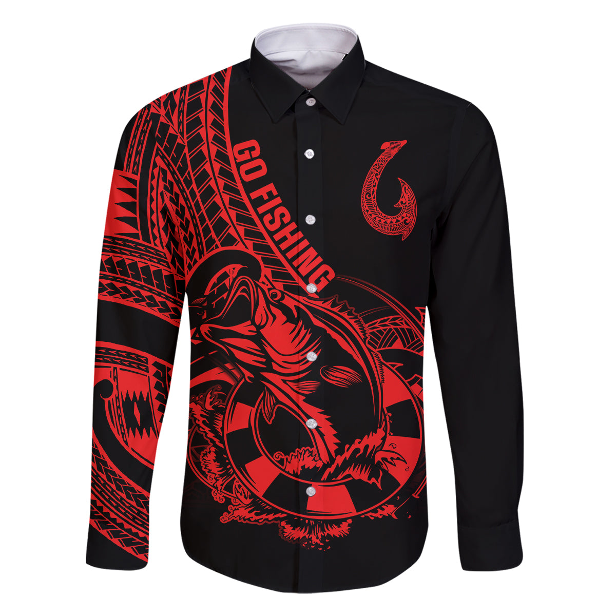 polynesia-family-matching-off-shoulder-long-sleeve-dress-and-hawaiian-shirt-fish-hook-tattoo-go-fishing-polynesian-pattern-red