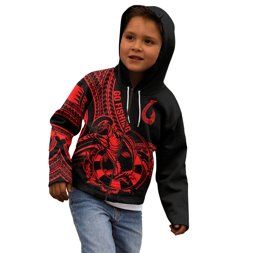 Polynesia Kid Hoodie Fish Hook Tattoo Go Fishing Polynesian Pattern Red LT14 - Polynesian Pride