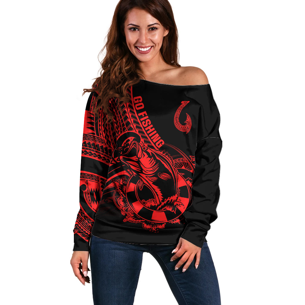 Polynesia Off Shoulder Sweater Fish Hook Tattoo Go Fishing Polynesian Pattern Red LT14 Women Red - Polynesian Pride