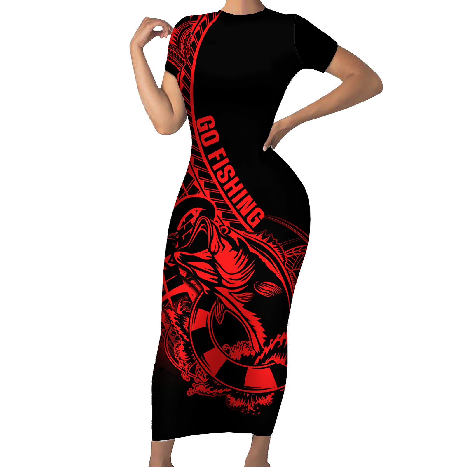Polynesia Short Sleeve Bodycon Dress Fish Hook Tattoo Go Fishing Polynesian Pattern Red LT14 Long Dress Red - Polynesian Pride