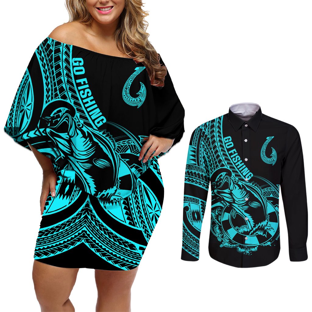 polynesia-couples-matching-off-shoulder-short-dress-and-long-sleeve-button-shirts-fish-hook-tattoo-go-fishing-polynesian-pattern-turquosie