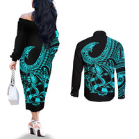 polynesia-couples-matching-off-the-shoulder-long-sleeve-dress-and-long-sleeve-button-shirts-fish-hook-tattoo-go-fishing-polynesian-pattern-turquosie