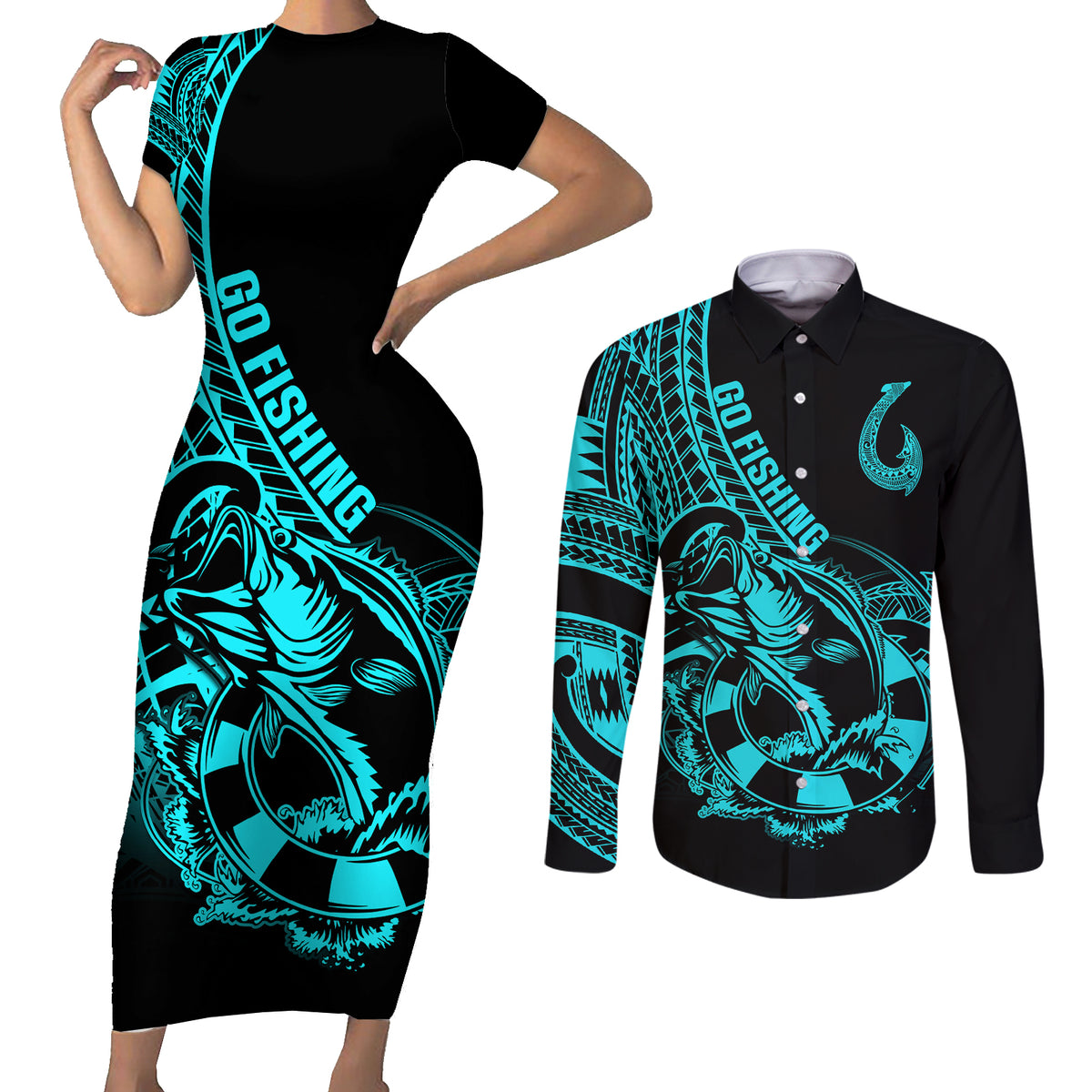 polynesia-couples-matching-short-sleeve-bodycon-dress-and-long-sleeve-button-shirts-fish-hook-tattoo-go-fishing-polynesian-pattern-turquosie
