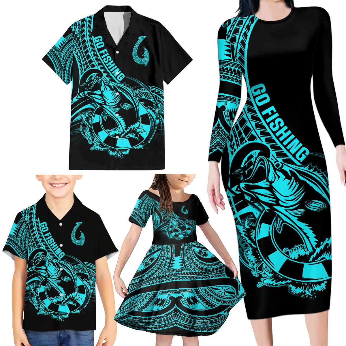 Polynesia Family Matching Long Sleeve Bodycon Dress and Hawaiian Shirt Fish Hook Tattoo Go Fishing Polynesian Pattern Turquosie LT14 - Polynesian Pride