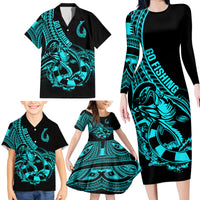 Polynesia Family Matching Long Sleeve Bodycon Dress and Hawaiian Shirt Fish Hook Tattoo Go Fishing Polynesian Pattern Turquosie LT14 - Polynesian Pride