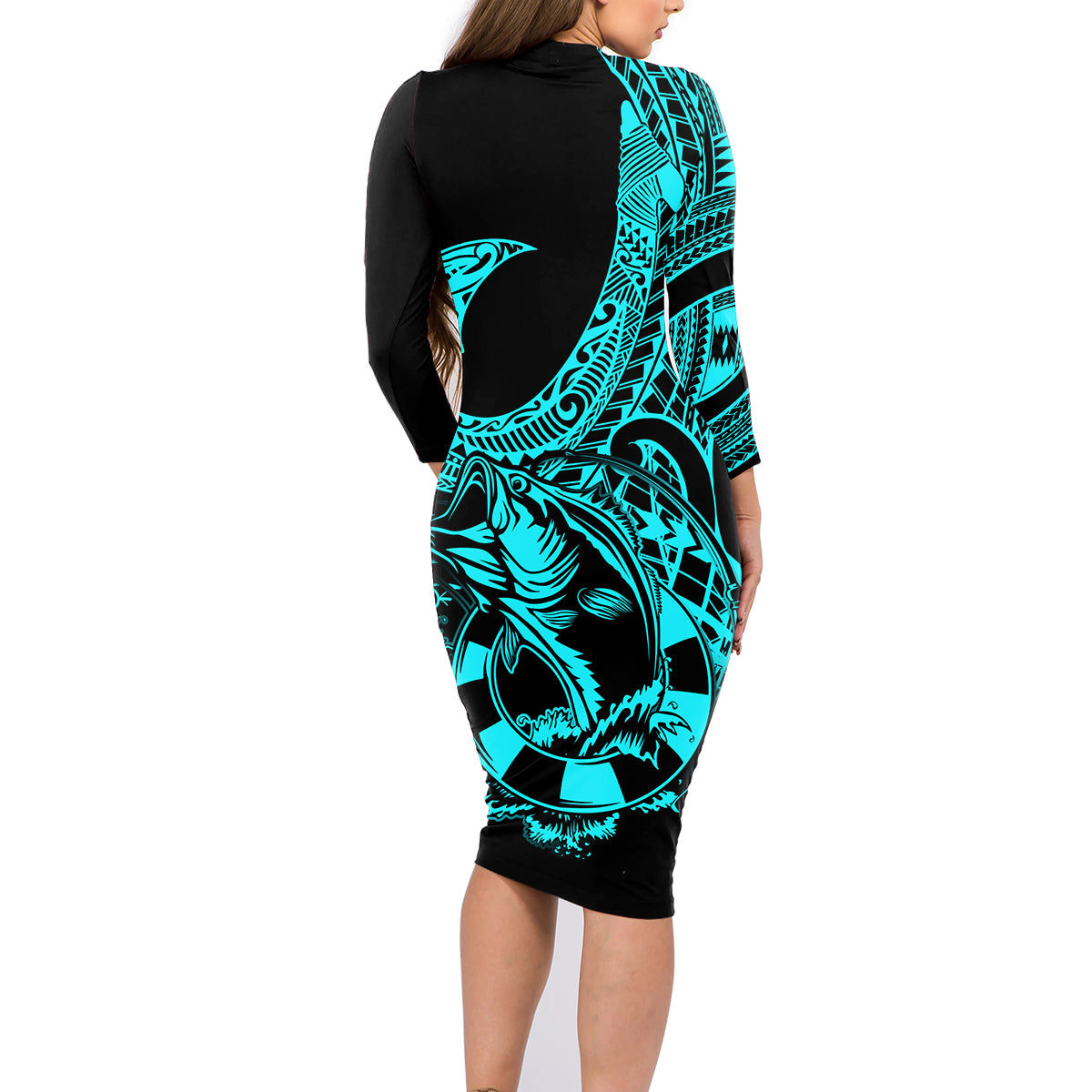 Polynesia Family Matching Long Sleeve Bodycon Dress and Hawaiian Shirt Fish Hook Tattoo Go Fishing Polynesian Pattern Turquosie LT14 - Polynesian Pride