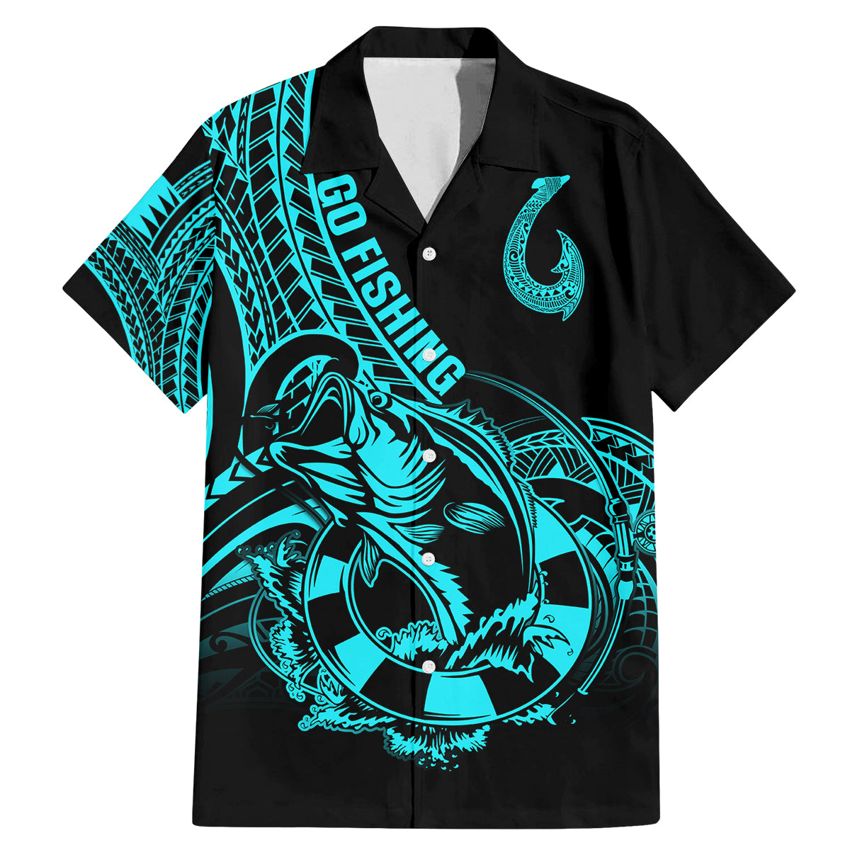 Polynesia Family Matching Mermaid Dress and Hawaiian Shirt Fish Hook Tattoo Go Fishing Polynesian Pattern Turquosie LT14 Dad's Shirt - Short Sleeve Turquoise - Polynesian Pride