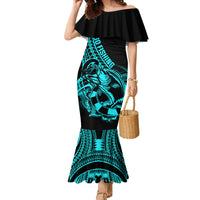 Polynesia Family Matching Mermaid Dress and Hawaiian Shirt Fish Hook Tattoo Go Fishing Polynesian Pattern Turquosie LT14 Mom's Dress Turquoise - Polynesian Pride
