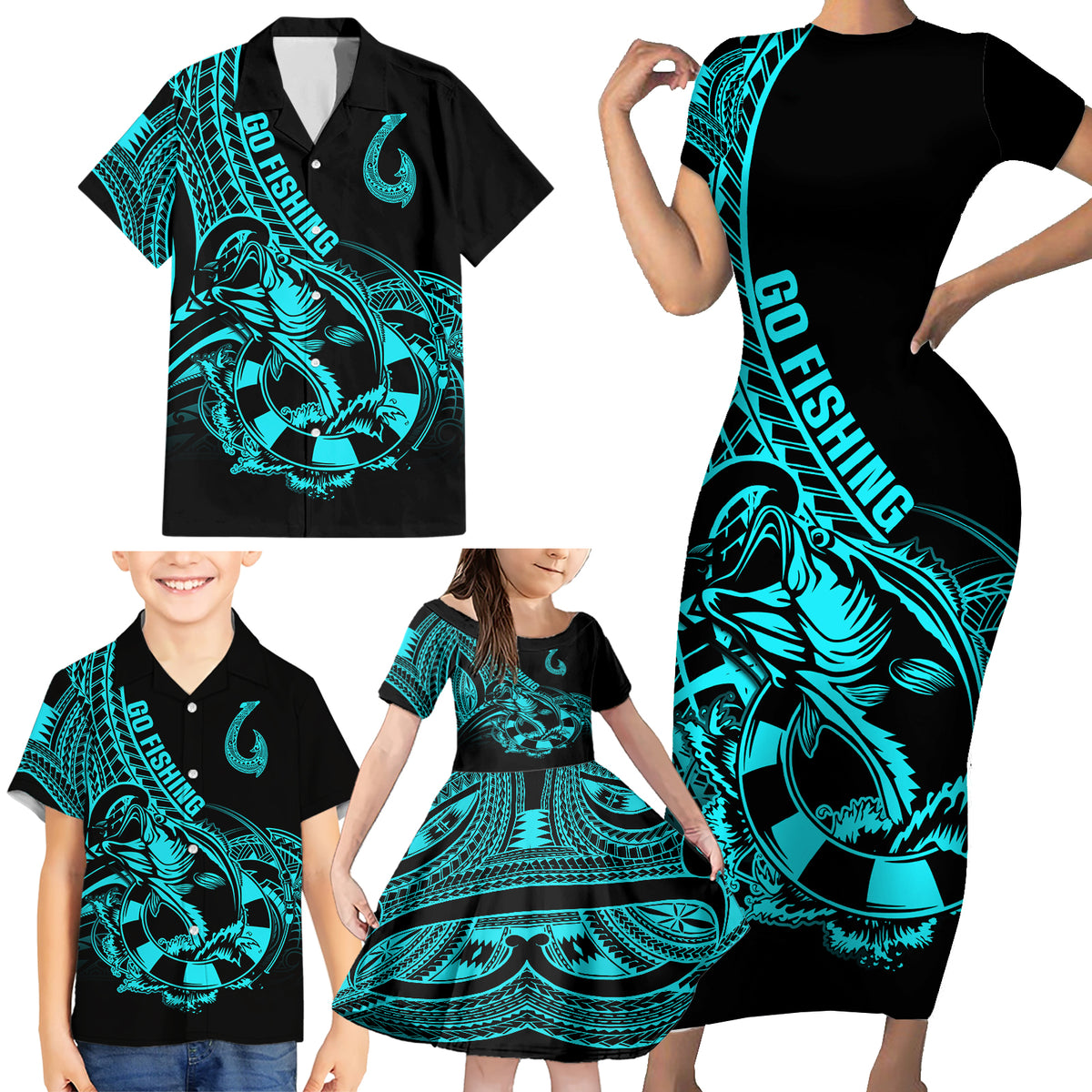 Polynesia Family Matching Short Sleeve Bodycon Dress and Hawaiian Shirt Fish Hook Tattoo Go Fishing Polynesian Pattern Turquosie LT14 - Polynesian Pride