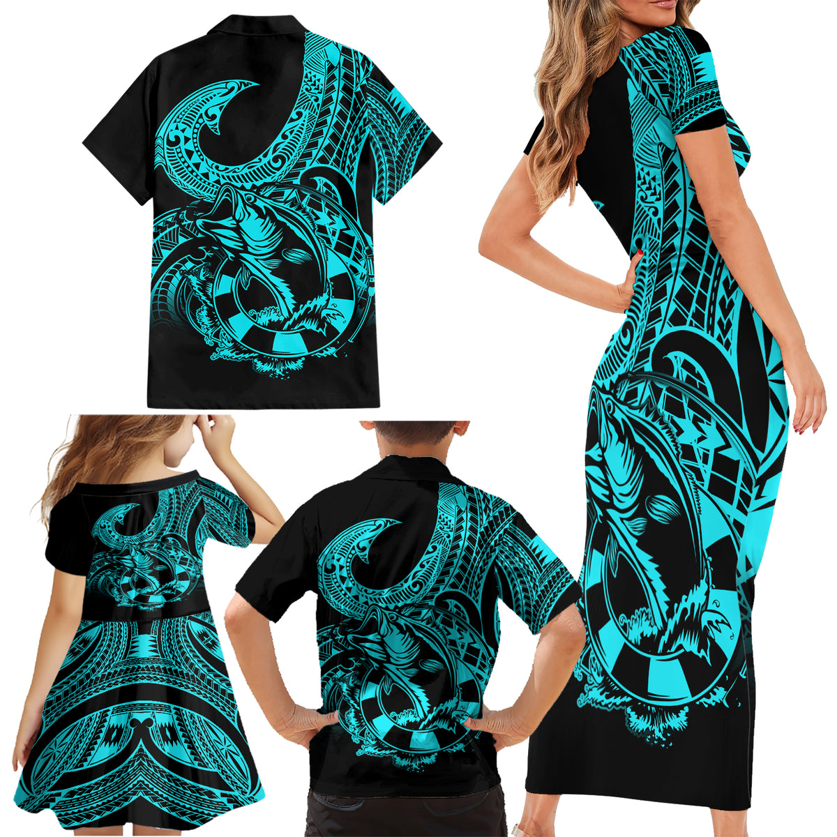 Polynesia Family Matching Short Sleeve Bodycon Dress and Hawaiian Shirt Fish Hook Tattoo Go Fishing Polynesian Pattern Turquosie LT14 - Polynesian Pride