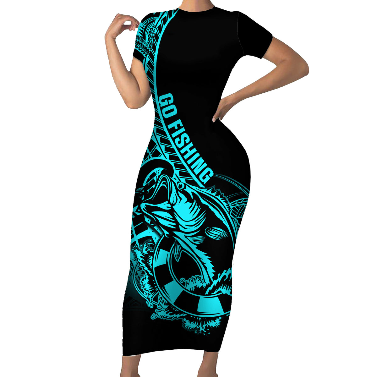 Polynesia Family Matching Short Sleeve Bodycon Dress and Hawaiian Shirt Fish Hook Tattoo Go Fishing Polynesian Pattern Turquosie LT14 Mom's Dress Turquoise - Polynesian Pride