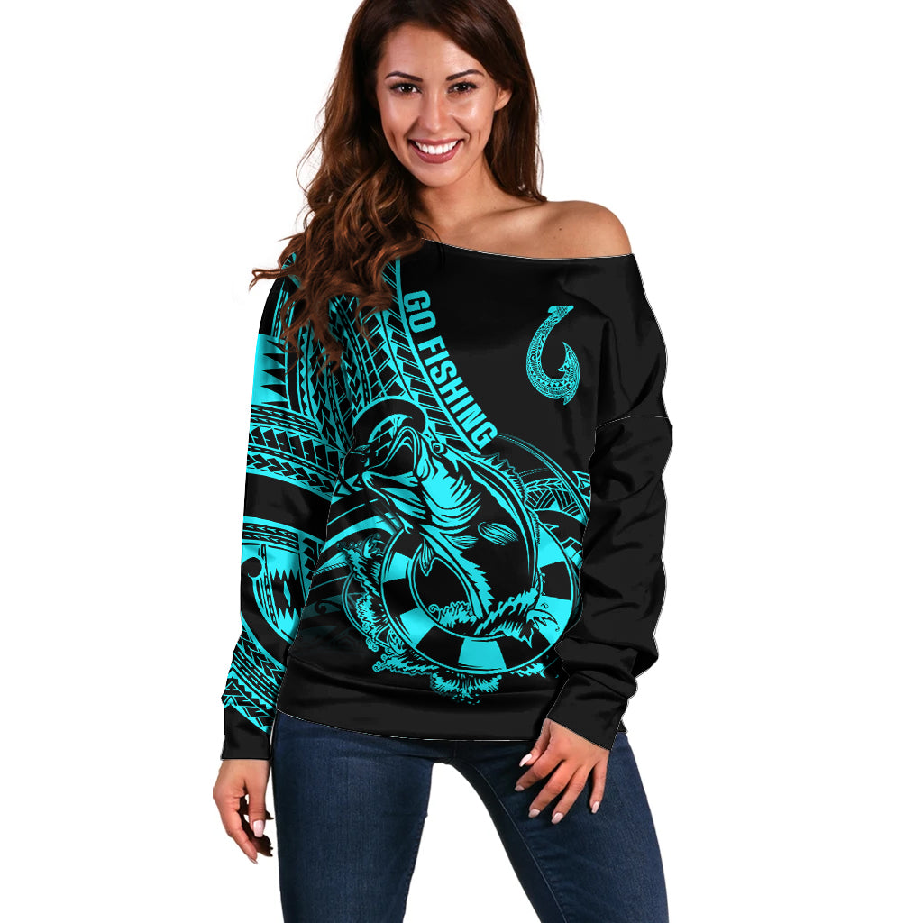 Polynesia Off Shoulder Sweater Fish Hook Tattoo Go Fishing Polynesian Pattern Turquosie LT14 Women Turquoise - Polynesian Pride