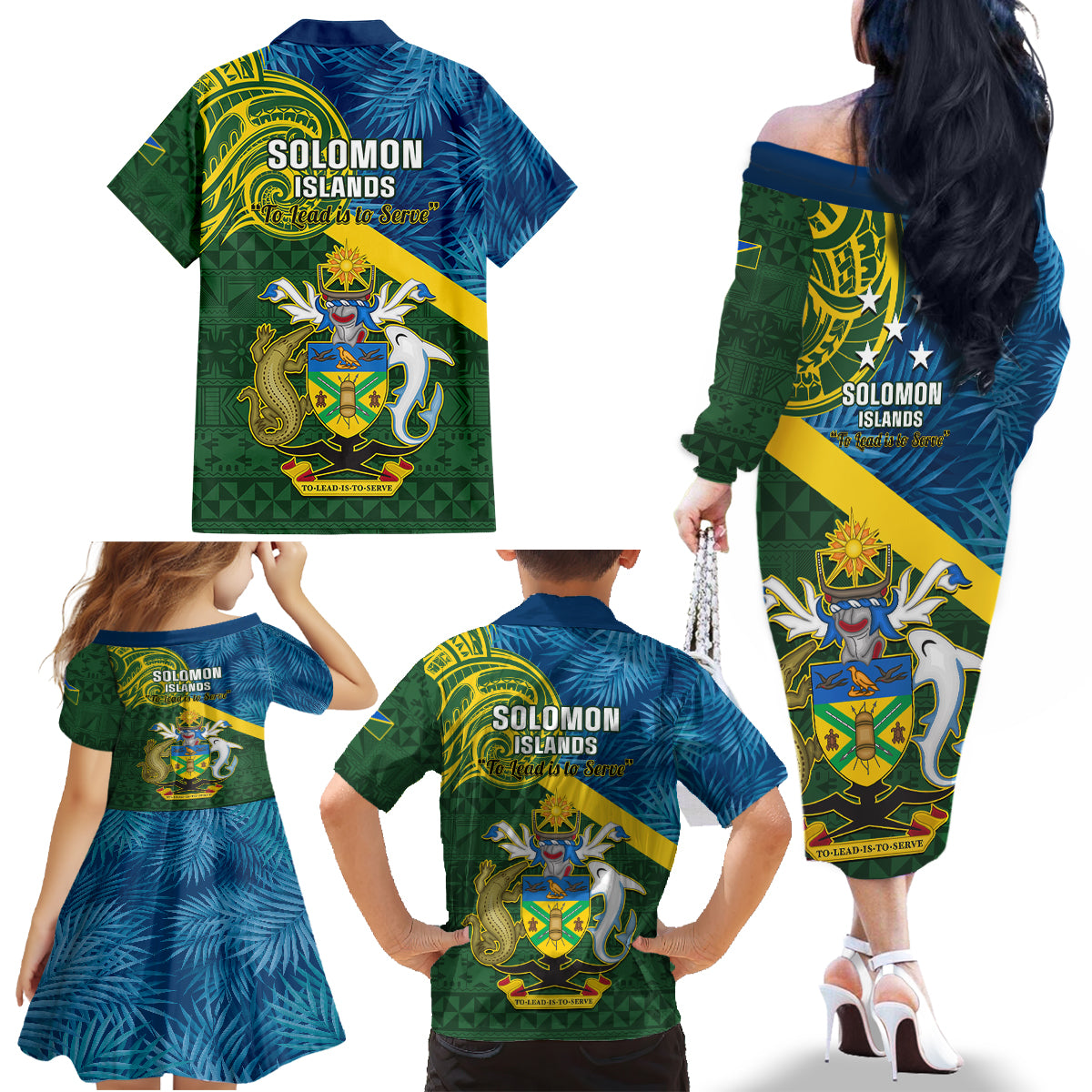 solomon-islands-family-matching-off-shoulder-long-sleeve-dress-and-hawaiian-shirt-tropical-leaves-with-melanesian-pattern