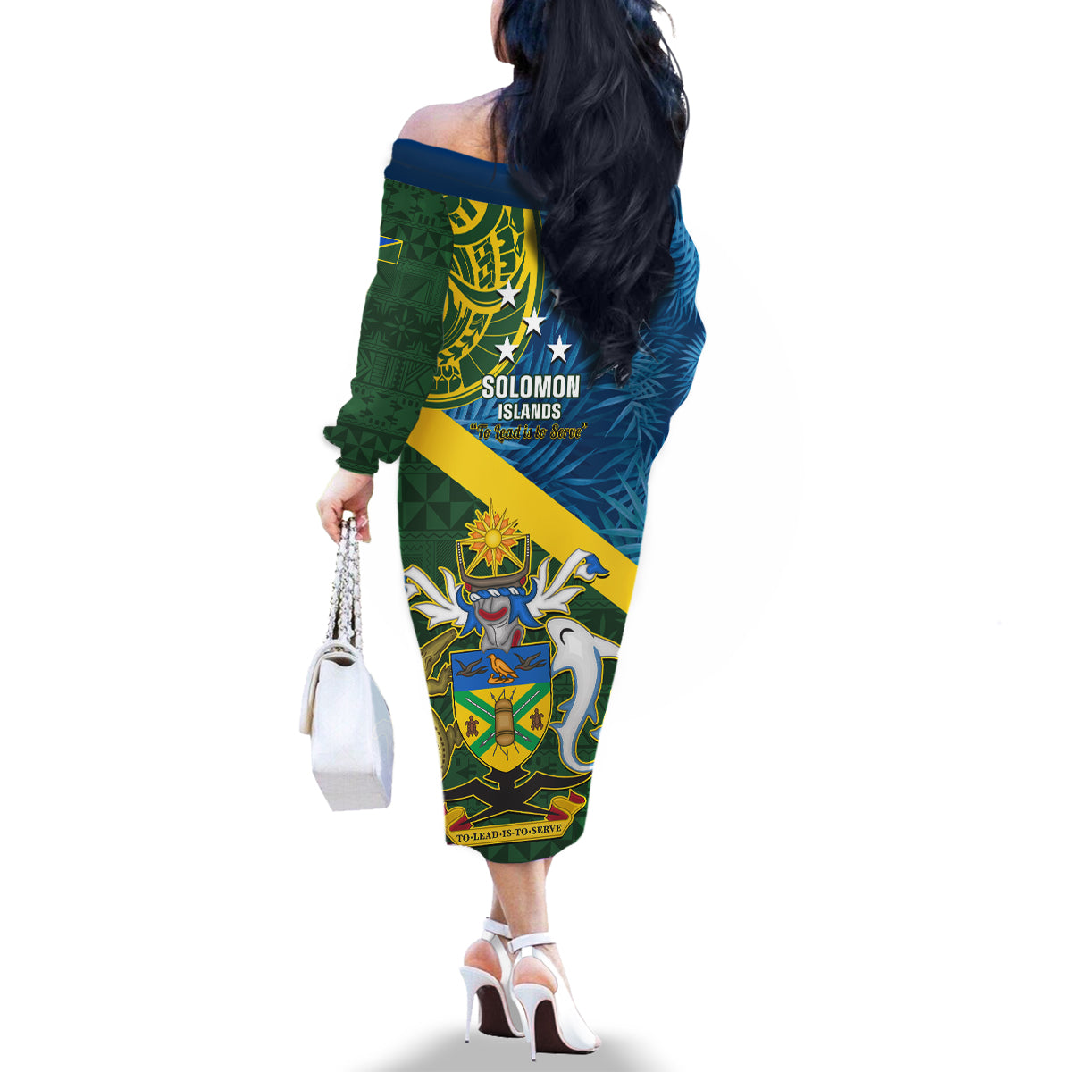 solomon-islands-family-matching-off-shoulder-long-sleeve-dress-and-hawaiian-shirt-tropical-leaves-with-melanesian-pattern