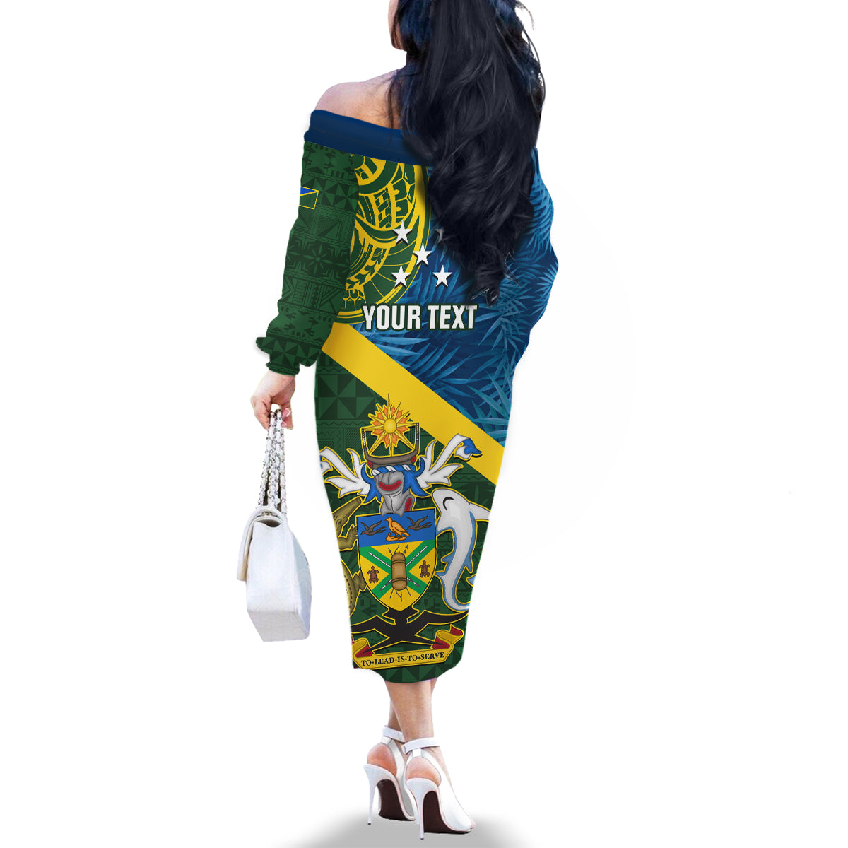 Personalised Solomon Islands Family Matching Off Shoulder Long Sleeve Dress and Hawaiian Shirt Tropical Leaves With Melanesian Pattern LT14 - Polynesian Pride