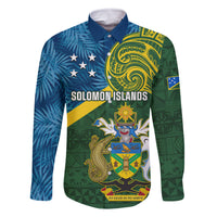 Personalised Solomon Islands Family Matching Summer Maxi Dress and Hawaiian Shirt Tropical Leaves With Melanesian Pattern LT14 Dad's Shirt - Long Sleeve Green - Polynesian Pride
