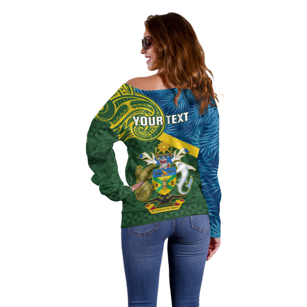 Personalised Solomon Islands Off Shoulder Sweater Tropical Leaves With Melanesian Pattern LT14 - Polynesian Pride