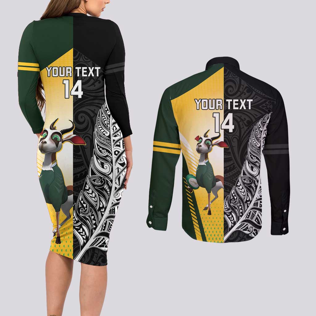 New Zealand and South Africa Rugby Custom Couples Matching Long Sleeve Bodycon Dress and Long Sleeve Button Shirt Maori Silver Fern Springbok Together LT14 - Polynesian Pride