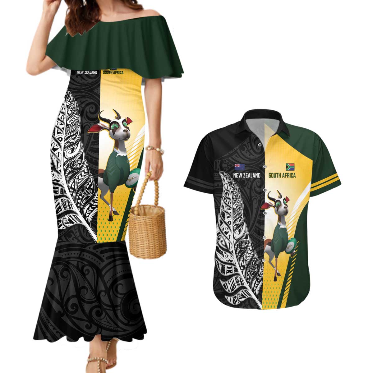 New Zealand and South Africa Rugby Custom Couples Matching Mermaid Dress and Hawaiian Shirt Maori Silver Fern Springbok Together LT14 Black - Polynesian Pride