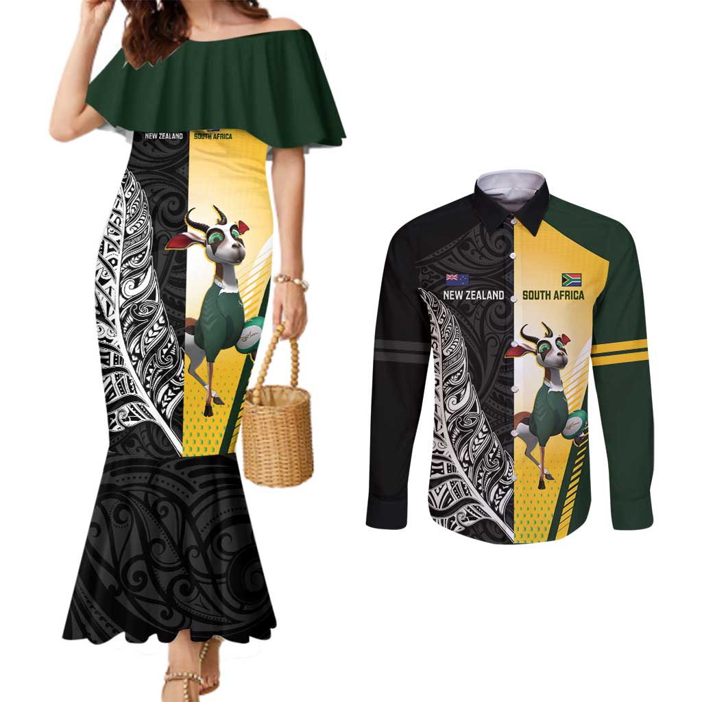 New Zealand and South Africa Rugby Custom Couples Matching Mermaid Dress and Long Sleeve Button Shirt Maori Silver Fern Springbok Together LT14 Black - Polynesian Pride