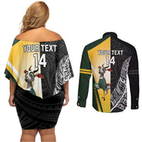 New Zealand and South Africa Rugby Custom Couples Matching Off Shoulder Short Dress and Long Sleeve Button Shirt Maori Silver Fern Springbok Together LT14 - Polynesian Pride