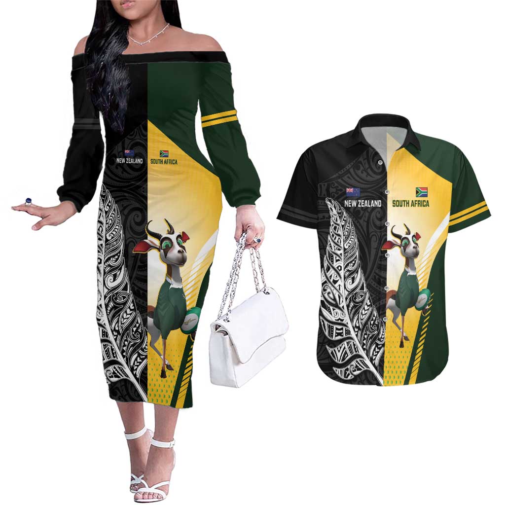 New Zealand and South Africa Rugby Custom Couples Matching Off The Shoulder Long Sleeve Dress and Hawaiian Shirt Maori Silver Fern Springbok Together - Polynesian Pride