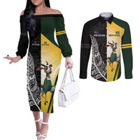 New Zealand and South Africa Rugby Custom Couples Matching Off The Shoulder Long Sleeve Dress and Long Sleeve Button Shirt Maori Silver Fern Springbok Together LT14 Black - Polynesian Pride