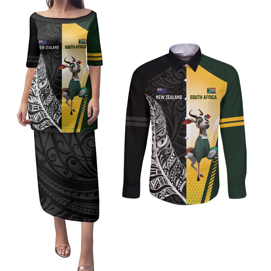 New Zealand and South Africa Rugby Custom Couples Matching Puletasi and Long Sleeve Button Shirt Maori Silver Fern Springbok Together - Polynesian Pride