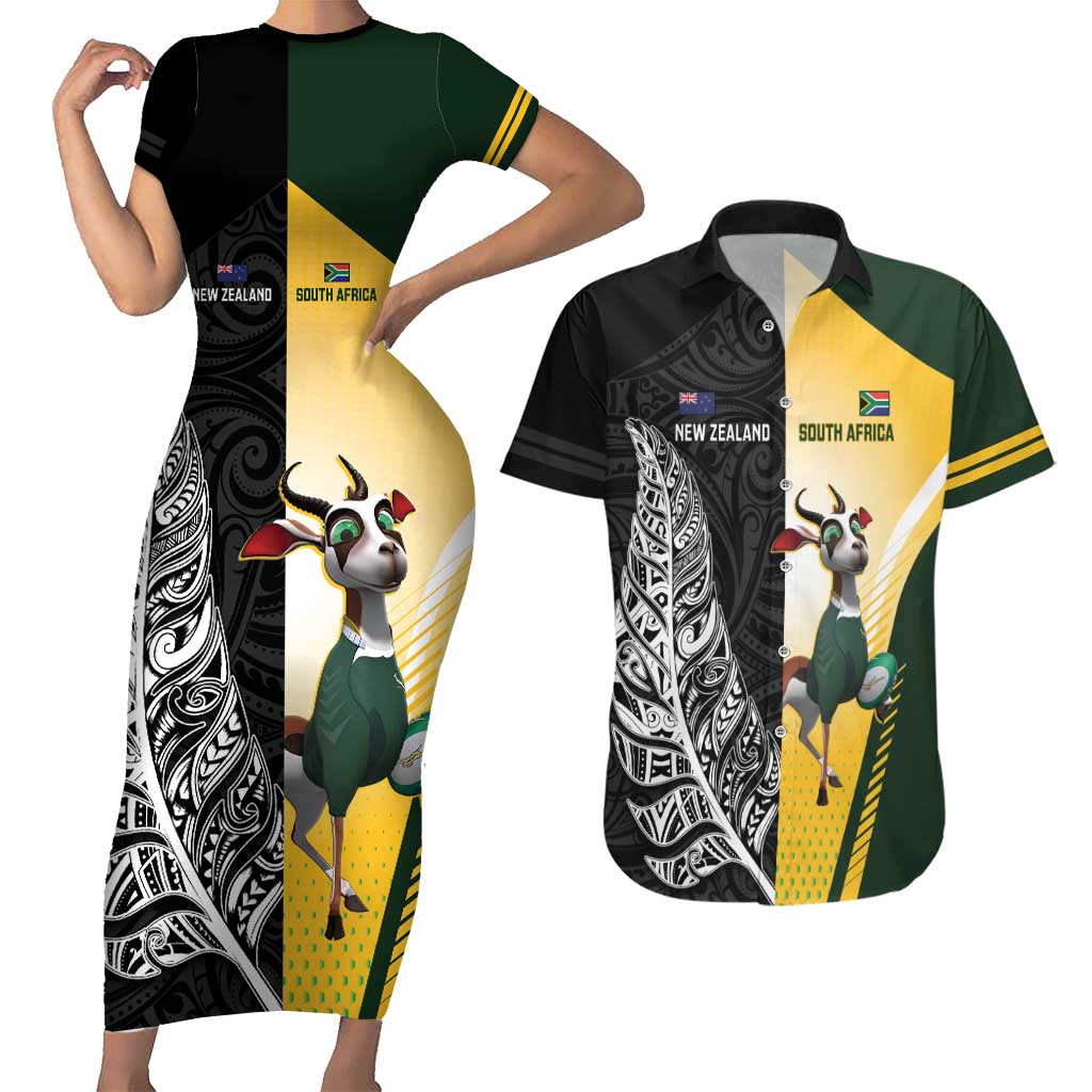 New Zealand and South Africa Rugby Custom Couples Matching Short Sleeve Bodycon Dress and Hawaiian Shirt Maori Silver Fern Springbok Together LT14 Black - Polynesian Pride