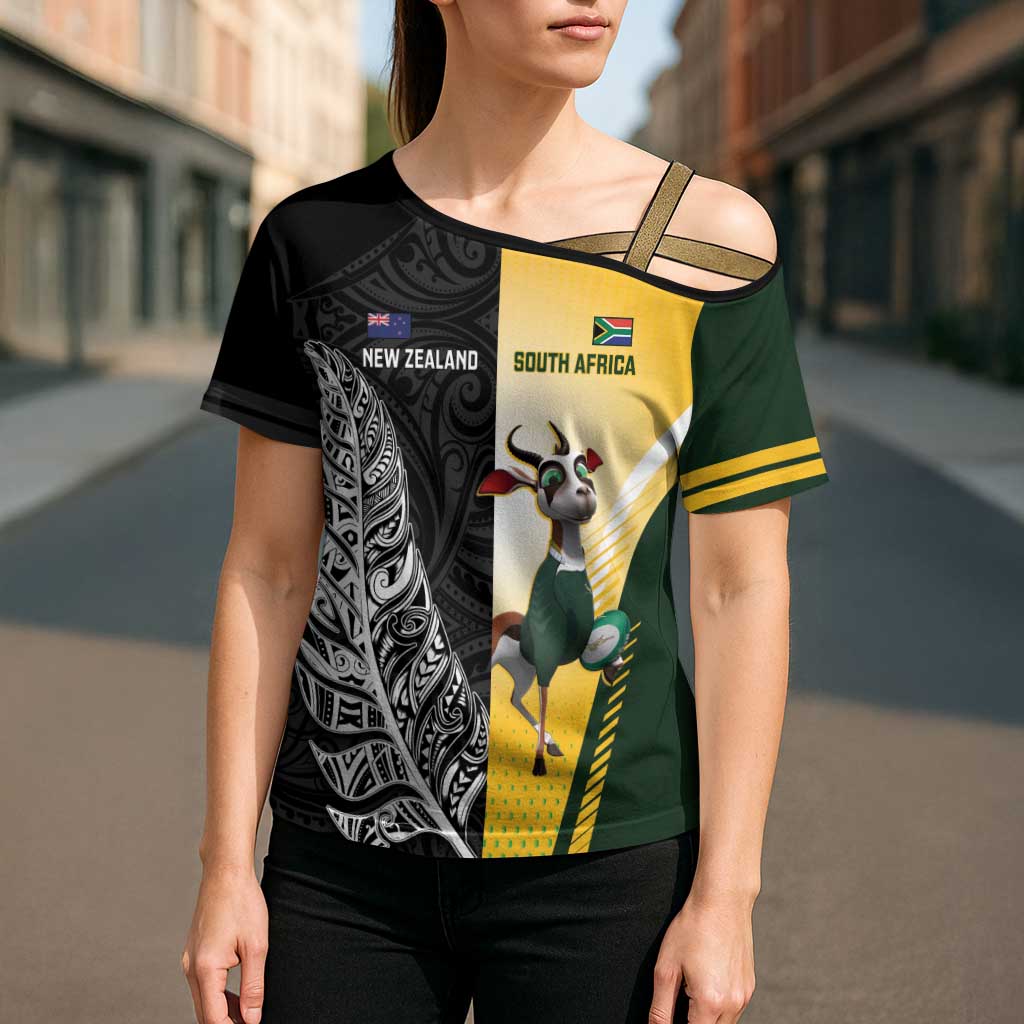New Zealand and South Africa Rugby Custom Cross Shoulder Shirt Maori Silver Fern Springbok Together LT14 - Polynesian Pride