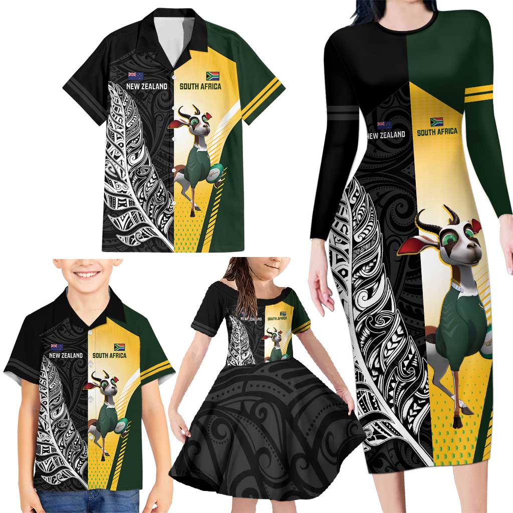New Zealand and South Africa Rugby Custom Family Matching Long Sleeve Bodycon Dress and Hawaiian Shirt Maori Silver Fern Springbok Together LT14 - Polynesian Pride