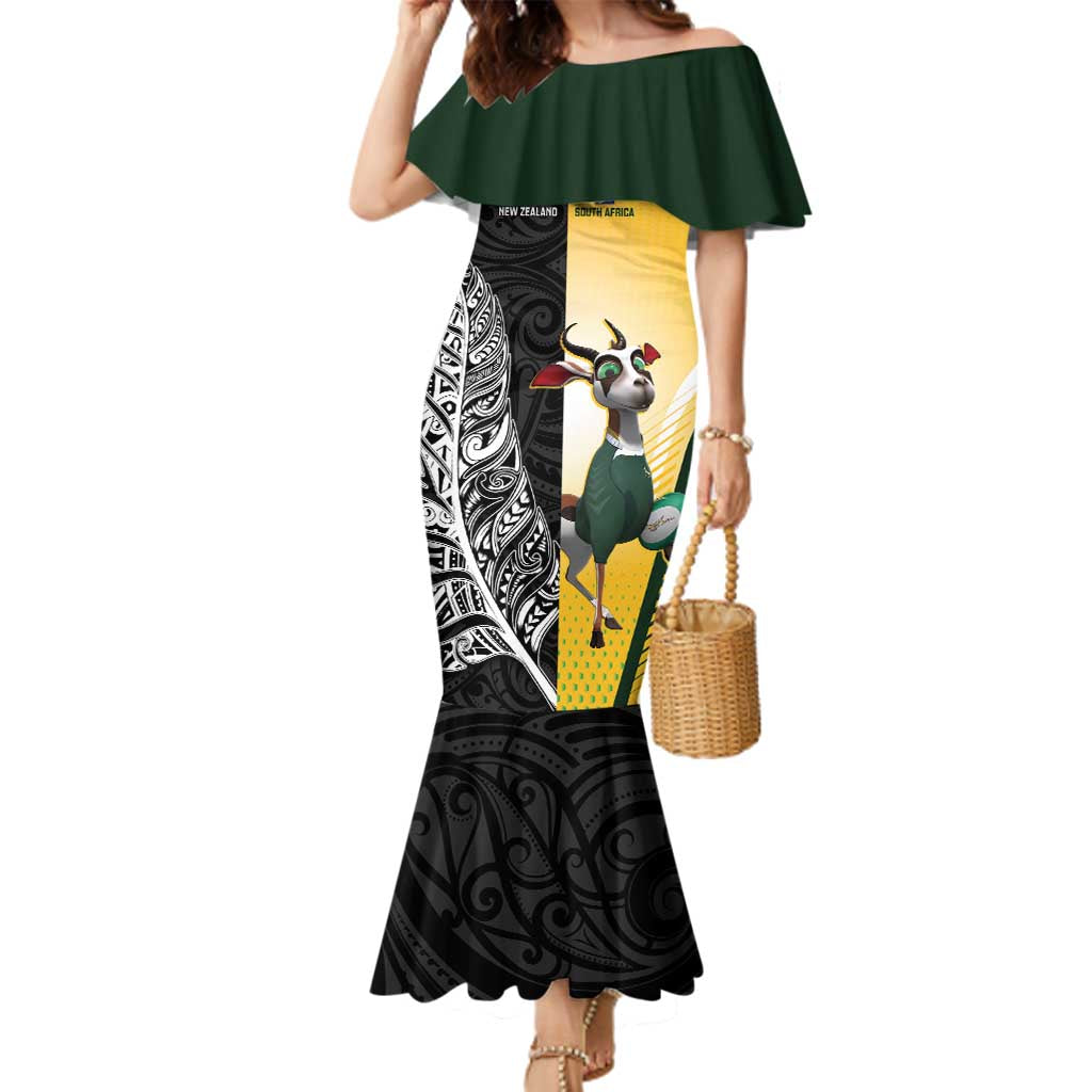 New Zealand and South Africa Rugby Custom Family Matching Mermaid Dress and Hawaiian Shirt Maori Silver Fern Springbok Together LT14 Mom's Dress Black - Polynesian Pride