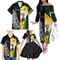New Zealand and South Africa Rugby Custom Family Matching Off The Shoulder Long Sleeve Dress and Hawaiian Shirt Maori Silver Fern Springbok Together LT14 - Polynesian Pride