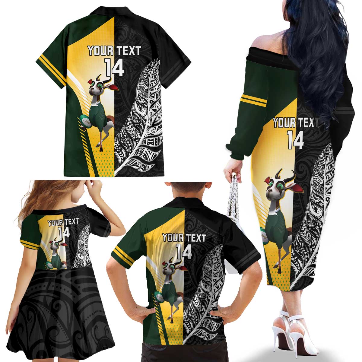 New Zealand and South Africa Rugby Custom Family Matching Off The Shoulder Long Sleeve Dress and Hawaiian Shirt Maori Silver Fern Springbok Together LT14 - Polynesian Pride