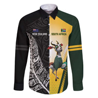 New Zealand and South Africa Rugby Custom Family Matching Off The Shoulder Long Sleeve Dress and Hawaiian Shirt Maori Silver Fern Springbok Together LT14 Dad's Shirt - Long Sleeve Black - Polynesian Pride