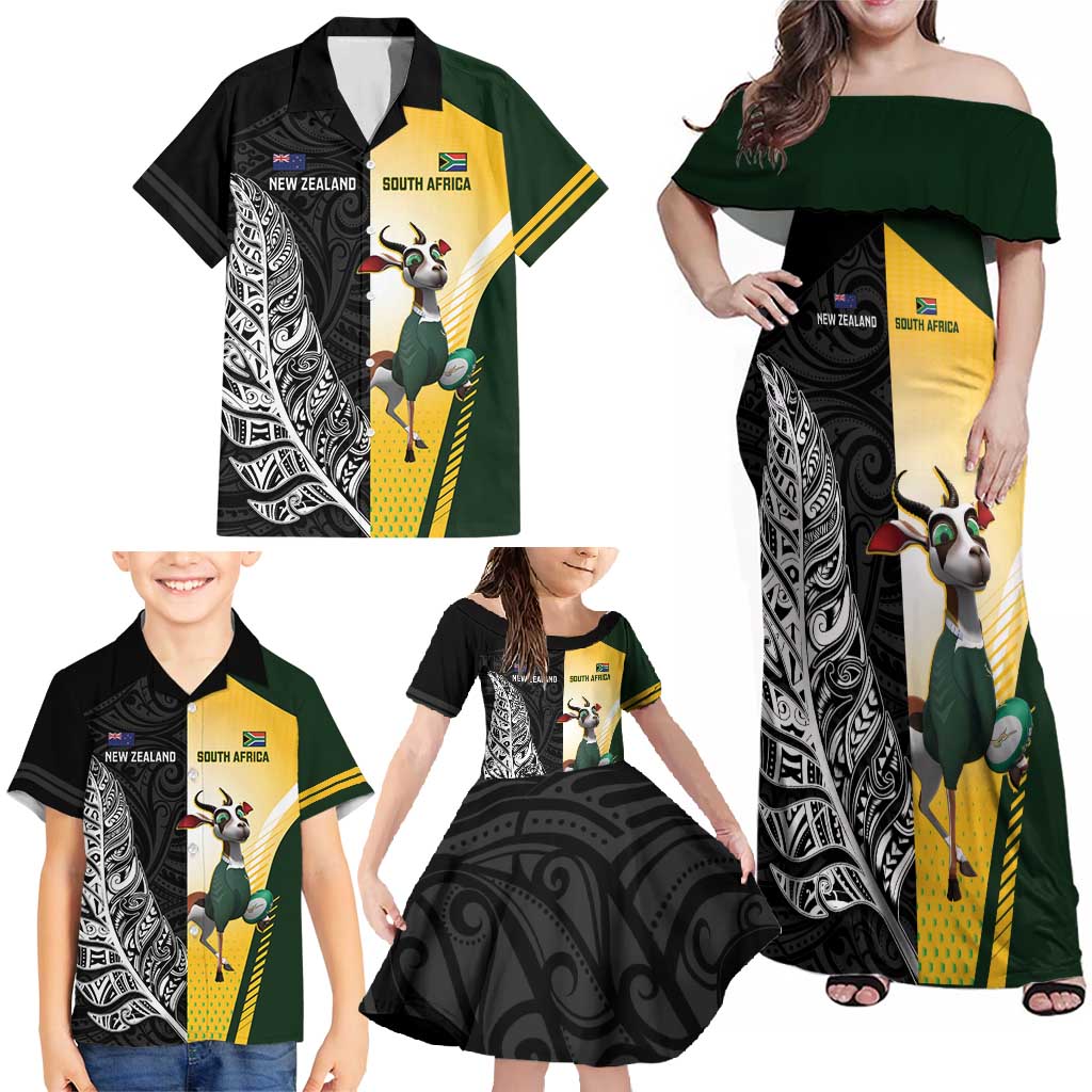 New Zealand and South Africa Rugby Custom Family Matching Off Shoulder Maxi Dress and Hawaiian Shirt Maori Silver Fern Springbok Together LT14 - Polynesian Pride