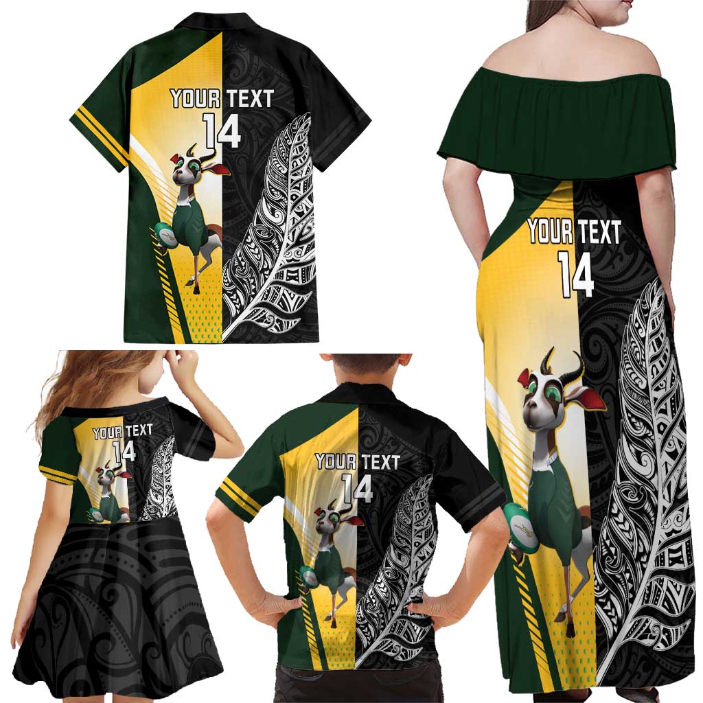 New Zealand and South Africa Rugby Custom Family Matching Off Shoulder Maxi Dress and Hawaiian Shirt Maori Silver Fern Springbok Together LT14 - Polynesian Pride