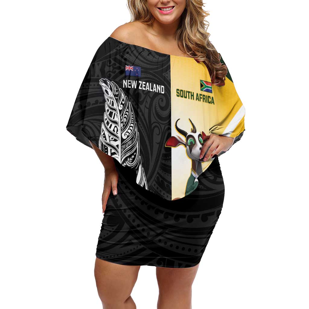 New Zealand and South Africa Rugby Custom Family Matching Off Shoulder Short Dress and Hawaiian Shirt Maori Silver Fern Springbok Together LT14 Mom's Dress Black - Polynesian Pride
