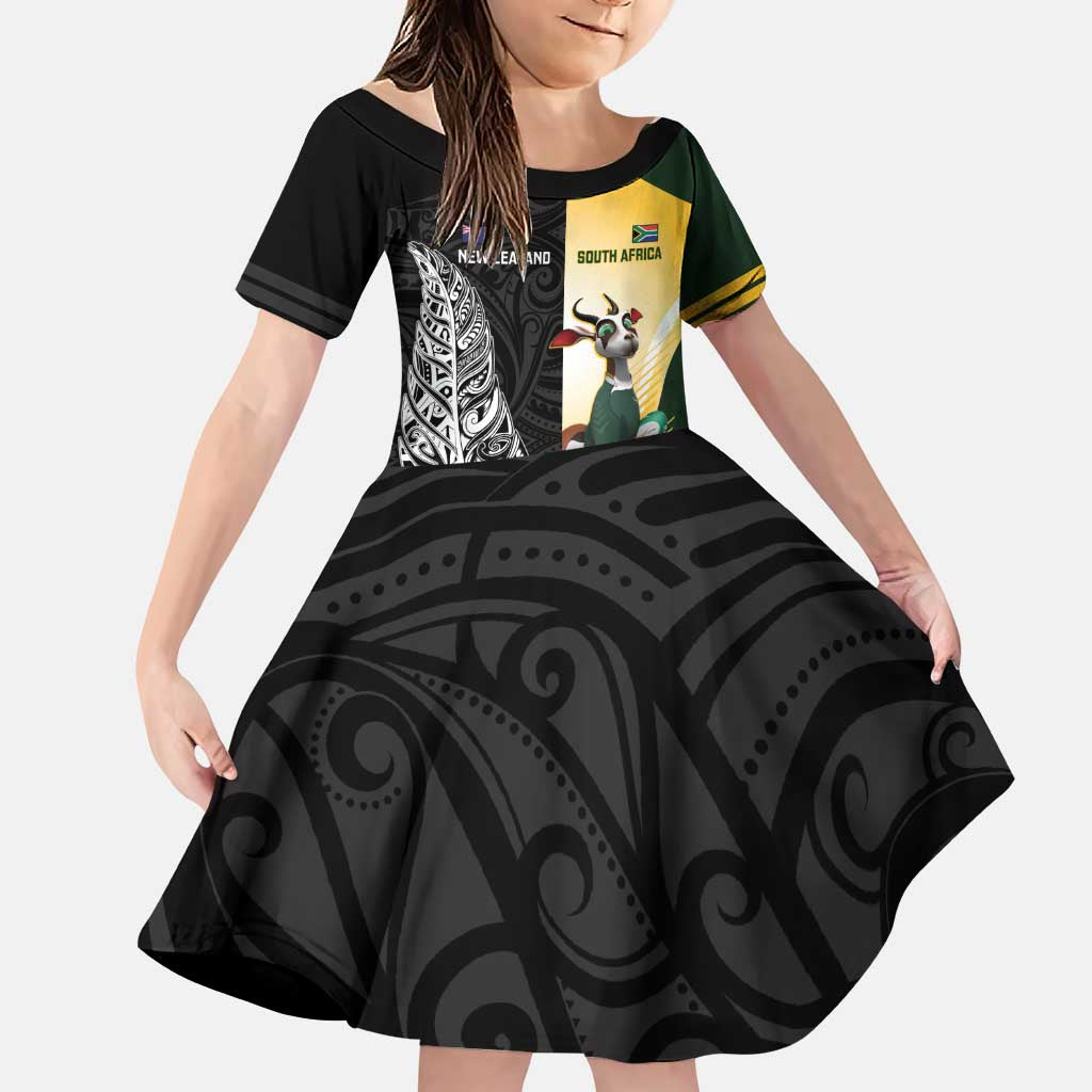 New Zealand and South Africa Rugby Custom Family Matching Puletasi and Hawaiian Shirt Maori Silver Fern Springbok Together LT14 Daughter's Dress Black - Polynesian Pride