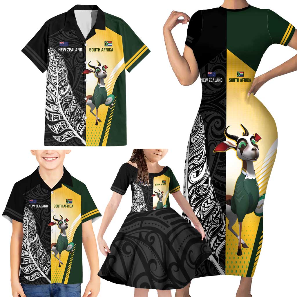 New Zealand and South Africa Rugby Custom Family Matching Short Sleeve Bodycon Dress and Hawaiian Shirt Maori Silver Fern Springbok Together LT14 - Polynesian Pride
