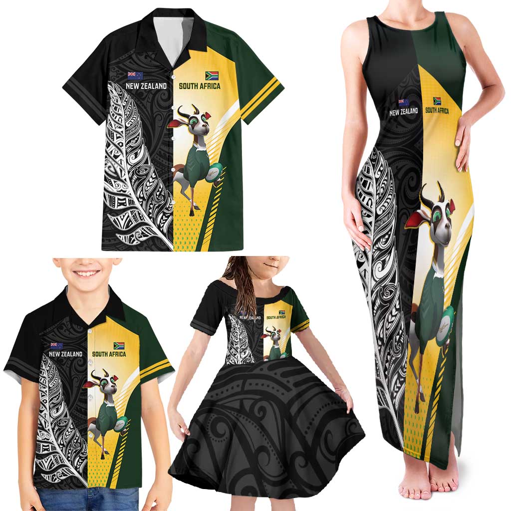 New Zealand and South Africa Rugby Custom Family Matching Tank Maxi Dress and Hawaiian Shirt Maori Silver Fern Springbok Together - Polynesian Pride