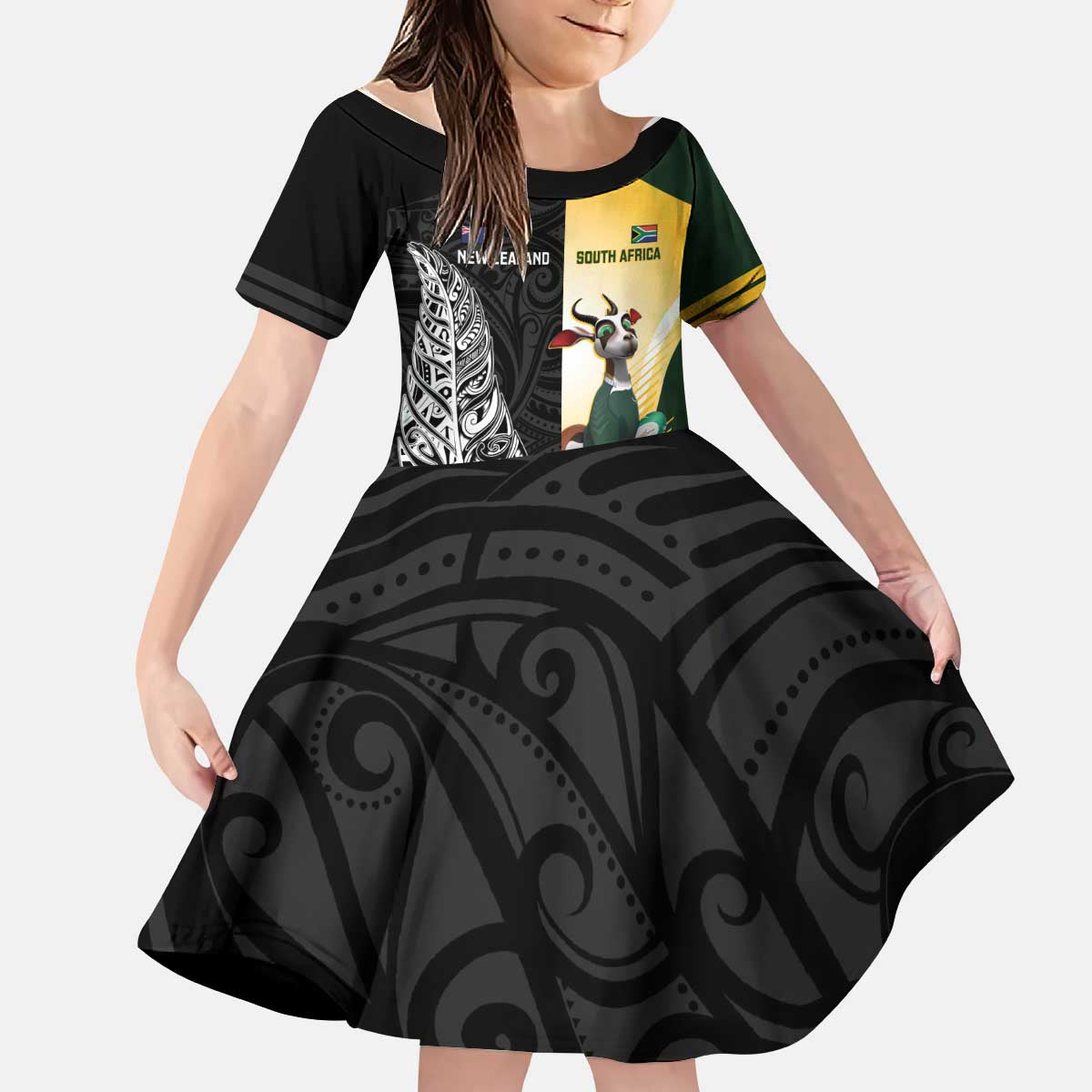 New Zealand and South Africa Rugby Custom Kid Short Sleeve Dress Maori Silver Fern Springbok Together LT14 KID Black - Polynesian Pride