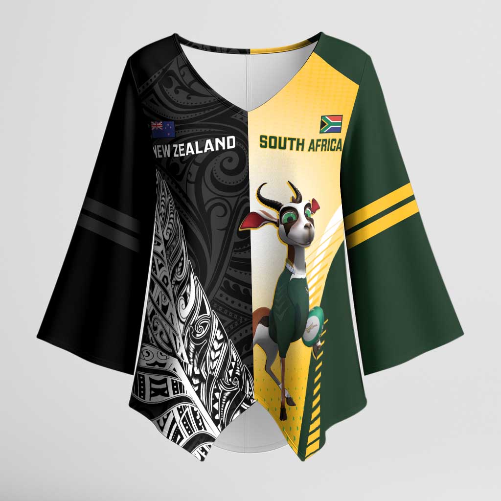 New Zealand and South Africa Rugby Custom Kimono Sleeve Blouse Maori Silver Fern Springbok Together LT14 Female Black - Polynesian Pride