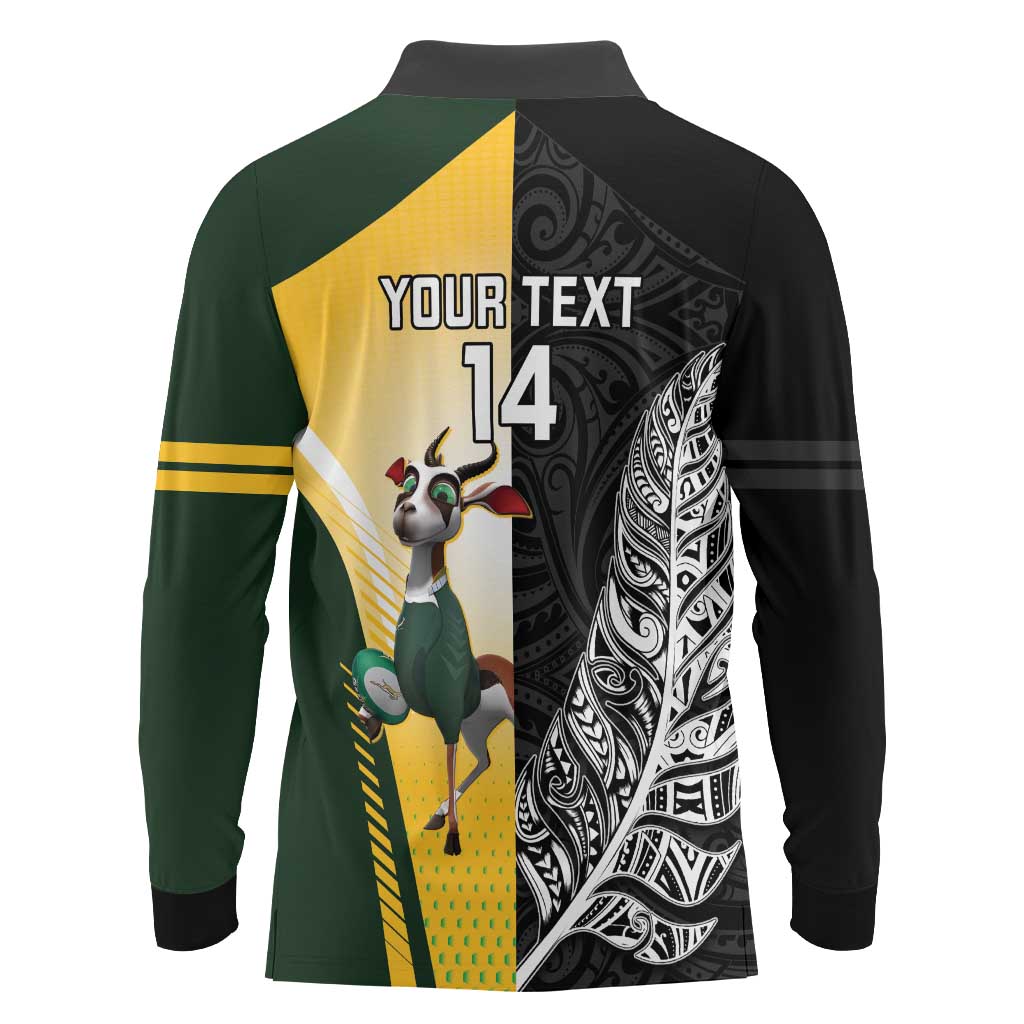 New Zealand and South Africa Rugby Custom Long Sleeve Polo Shirt Maori Silver Fern Springbok Together LT14 - Polynesian Pride