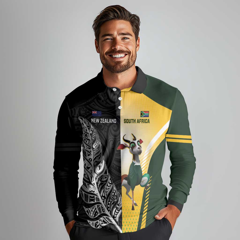 New Zealand and South Africa Rugby Custom Long Sleeve Polo Shirt Maori Silver Fern Springbok Together LT14 - Polynesian Pride